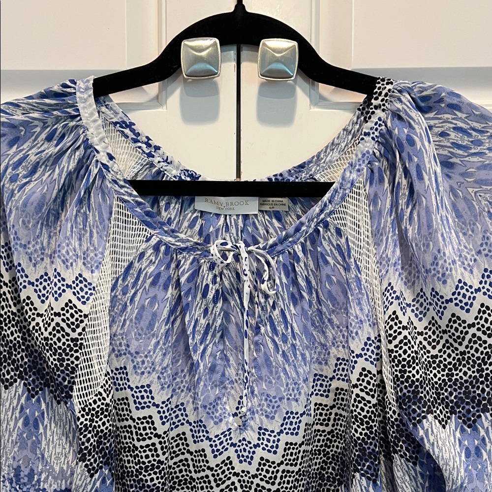 Ramy Brook Blue, green and Black Patterned Blouse S long flowing.